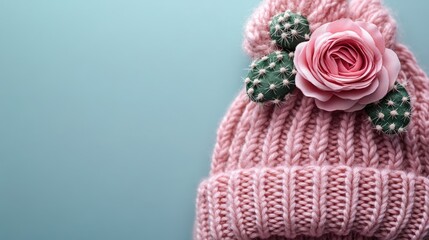 Pink knitted beanie with a decorative flower and cactus accents on a pastel background with copy space.