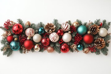 Holiday decorations featuring red and turquoise ornaments, pinecones, and berries on a bright background