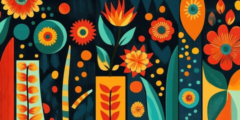 Abstract Floral Artwork Featuring Vivid Colors and Bold Shapes
