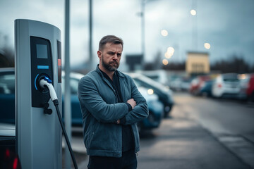 Irritated man waits near EV charger, checking watch, urban charging scene