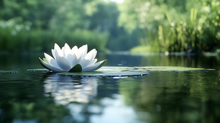 Serene White Water Lily on Calm Pond in Lush Green Nature