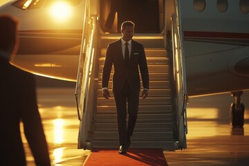 VIP Descending Private Jet Gangway on Red Carpet