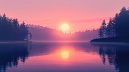 Obraz premium Serene lake landscape at sunset with reflection, trees silhouetted, colorful sky with gradient of pink and purple tones, Copy Space