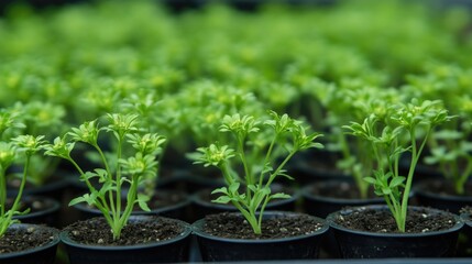 Green seedlings in small black pots arranged in a greenhouse with soft focus Copy Space for text placement