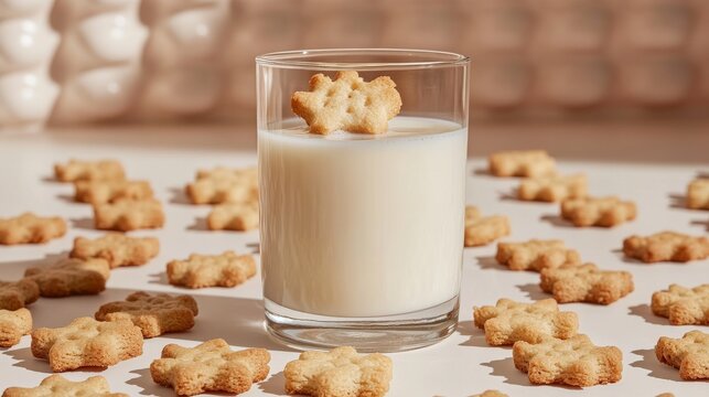 A glass of milk surrounded by star-shaped cookies on a minimalistic surface
