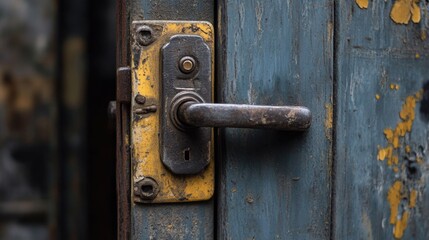 Rusty door handle on weathered blue wooden door with peeling paint and visible texture, Copy Space.