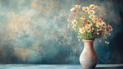 Vase of wildflowers on a textured blue background with copy space for text