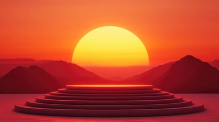 Tranquil sunset over mountains and layered podium with bright orange sun reflecting on calm water Copy Space