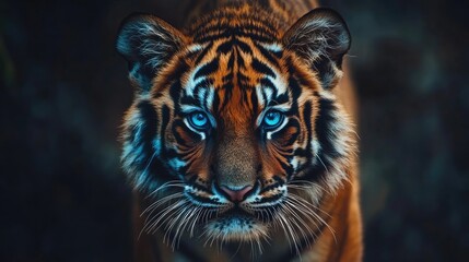 Fototapeta premium Close-up portrait of a Bengal tiger with striking blue eyes and detailed fur textures against a dark blurred background Copy Space