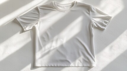 A white cotton T-shirt lying flat on a clean white background with gentle, soft shadows accentuating its contours