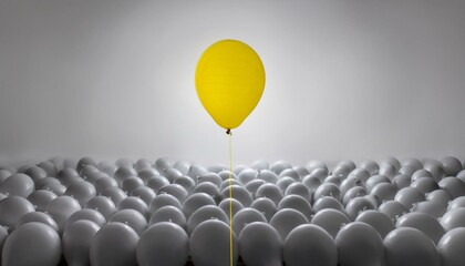 회색 풍선으로 가득 찬 배경 위에 하나의 밝은 노란 풍선이 떠 있는 장면