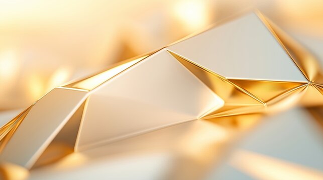 Golden metallic triangular pattern surface with light reflections. Abstract background for beauty and and technology concept. With copy space. 