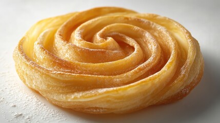 Fototapeta premium Delicious spiral pastry on a white background with powdered sugar Copy Space