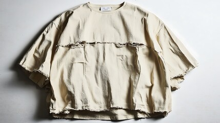 A simple unisex T-shirt lying flat on a smooth white surface, showcasing its clean and versatile design