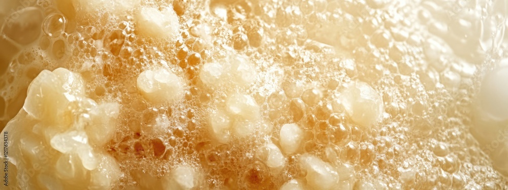Poster close-up of bubbly foam with creamy texture and light reflections on a soft gradient background with