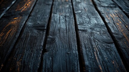 Obraz premium Textured dark wooden floor background with natural grain details and warm light reflections, suitable for various design applications. Copy Space.