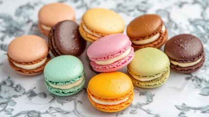 Obraz premium Colorful assortment of macarons on decorative surface with copy space for text