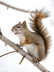 Fototapeta premium Close-up of a squirrel sitting on a tree branch, isolated on white background in winter, with curled fluffy tail
