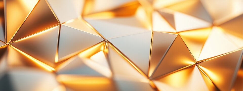 Golden metallic triangular pattern surface with light reflections. Abstract background for beauty and and technology concept. With copy space. 