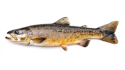Freshwater trout fish on white background with detailed texture and color pattern Copy Space