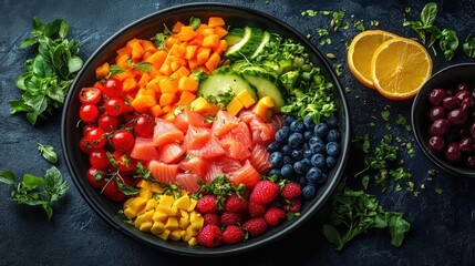Colorful assortment of fresh fruits and vegetables arranged in a circular pattern on a dark surface with copy space available