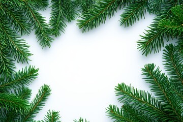 Beautiful green pine branches framing a blank space for seasonal decorations during winter holidays