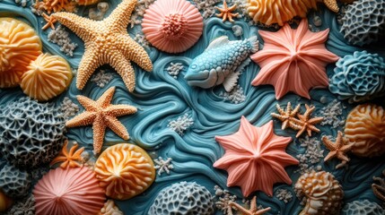 Colorful ocean-themed decorative shells and starfish displayed on a textured background with waves creating Copy Space.