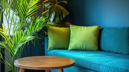 Fototapeta premium Modern living room interior with turquoise sofa, green cushions, wooden coffee table, and indoor plant against blue wall Copy Space