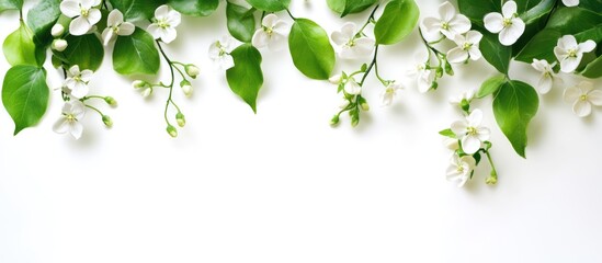 White flowers and green leaves arranged on a white background with Copy Space for text insertion