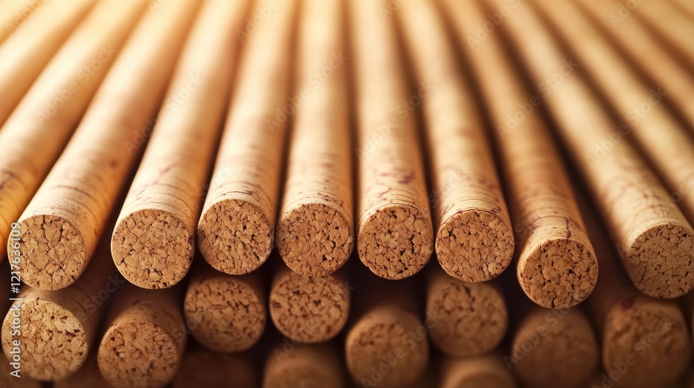 Poster cork stoppers arranged in a row on a reflective surface with highlighted texture and copy space for 