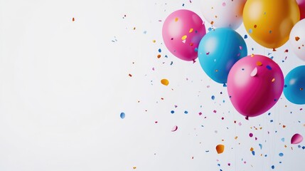 Colorful balloons with confetti on a white background featuring ample Copy Space for text placement