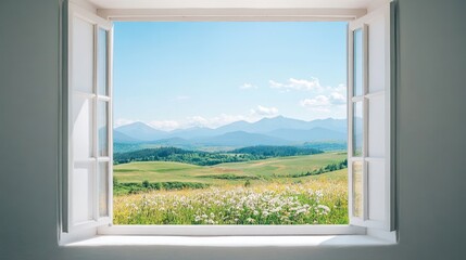 Scenic view of mountains and fields through an open window with white shutters and bright blue sky Copy Space © ArtificialHorizons