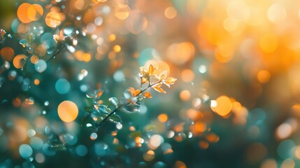 Bokeh background with green leaves and soft orange and teal lights creating a dreamy atmosphere with Copy Space
