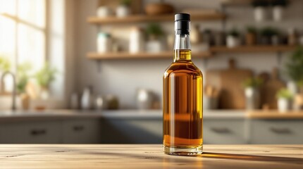 Glass bottle without label  filled with golden amber whiskey standing on a rustic wooden table. The background is a blurred, kitchen with open shelves holding jars, cutting boards