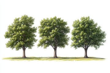 Fototapeta premium Detailed illustration of three vibrant trees arranged in a row on a grassy area under bright daylight