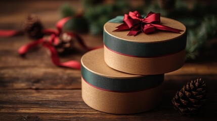 Festively wrapped gift boxes with red ribbons on rustic wooden background with pinecones and greenery Copy Space