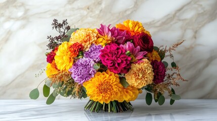 Vibrant bouquet of assorted flowers including marigolds, dahlias, and chrysanthemums arranged against a marble background with Copy Space
