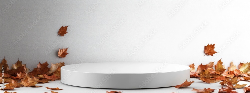 Poster white circular pedestal display with autumn leaves on a gradient background and ample copy space for