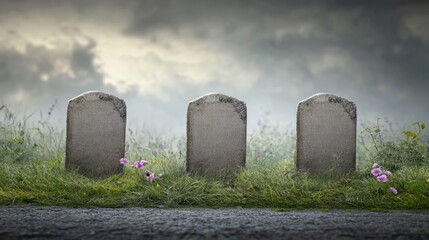 Three weathered gravestones in a foggy landscape with wildflowers and cloudy sky, Copy Space available for text placement.
