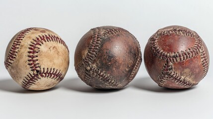 Vintage baseballs displaying different degrees of wear and tear on a white background with Copy Space.