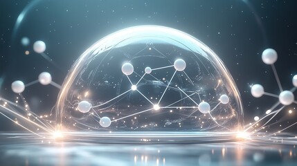 A futuristic gradient-filled bubble chart with glowing spheres connected by thin energetic white lines