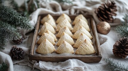 A wooden tray filled with neatly arranged traditional hamantaschen cookies, surrounded by pinecones and greenery
