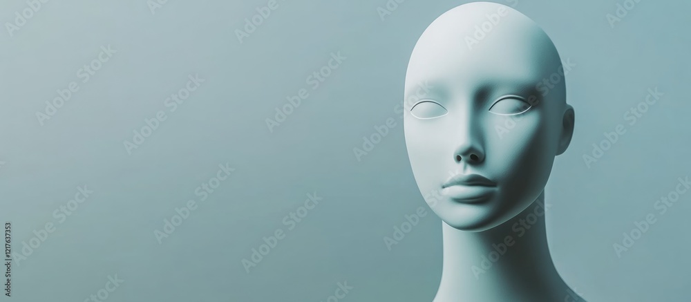Poster realistic white mannequin head on a soft gradient background with ample copy space for text placemen