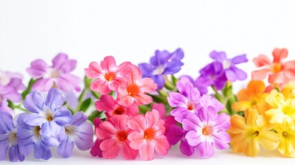 Fototapeta premium Colorful cluster of primrose flowers in various shades of pink, purple, and yellow on a white background with copy space.