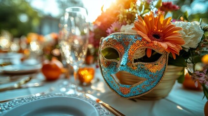 A vibrant Purim table decor featuring a sparkling mask, colorful flowers, and elegant table settings under warm sunlight