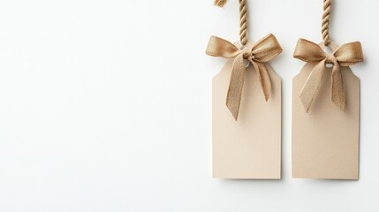 Two blank gift tags with brown ribbons and rope hanging against a plain white background Copy Space