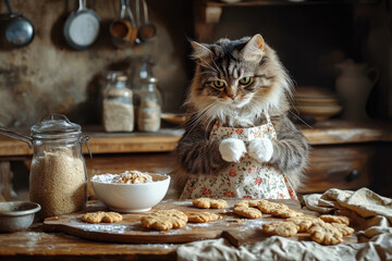 Adorable cat in an apron, standing by the counter while baking cookies, creating a cozy and warm kitchen atmosphere