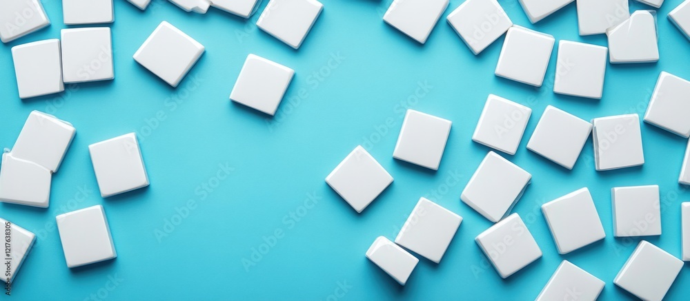 Poster white square tiles scattered on a turquoise background with ample copy space for text insertion.
