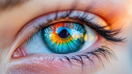 Fototapeta premium Close-up of a human eye with vibrant blue and orange iris colors and long eyelashes featuring Copy Space for text placement