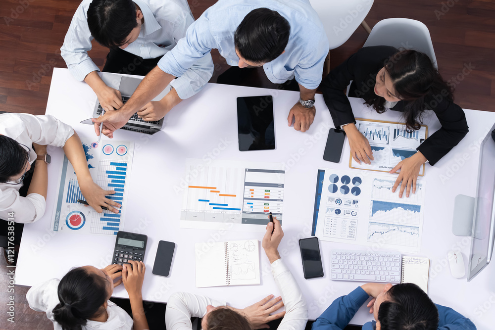 Leinwandbilder Top view project manager communicate and collaborate with team using project management software, tracking progress of project task and making schedule plan at meeting table. Prudent
